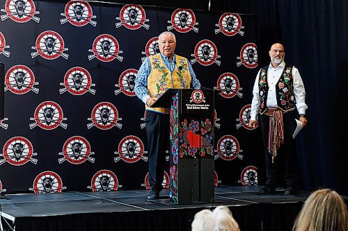 MIKE DEAL / FREE PRESS
MMF President David Chartrand, speaks during the announcement that the Manitoba M&#xe9;tis Federation (MMF), the National Government of the Red River M&#xe9;tis have made a major property acquisition in downtown Winnipeg &#x2013; the second investment of this nature in less than a year, buying the &#x201c;Bell towers&#x201d; at 333 Main Street and 191 Pioneer Ave.
See Gabrielle Piche story
240718 - Thursday, July 18, 2024.