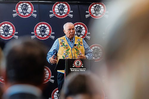 MIKE DEAL / FREE PRESS
MMF President David Chartrand, speaks during the announcement that the Manitoba M&#xe9;tis Federation (MMF), the National Government of the Red River M&#xe9;tis have made a major property acquisition in downtown Winnipeg &#x2013; the second investment of this nature in less than a year, buying the &#x201c;Bell towers&#x201d; at 333 Main Street and 191 Pioneer Ave.
See Gabrielle Piche story
240718 - Thursday, July 18, 2024.