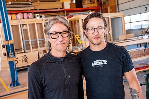 NIC ADAM / FREE PRESS
Ted Geddert (left), founder and president of Holz, pictured in the workshop of his business with his son and general manager Aaron Geddert Thursday morning.
240718 - Thursday, July 18, 2024.

Reporter: Aaron