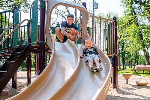 NIC ADAM / FREE PRESS
Cliff Tesoro, and his two-year-old son Castiel, have fun at St. Vital Park&#x2019;s playground Thursday afternoon.
240718 - Thursday, July 18, 2024.

Reporter: ?