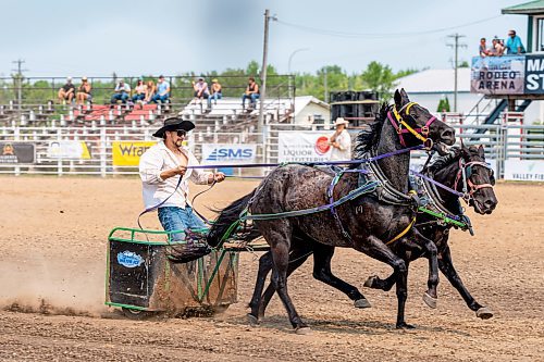 NIC ADAM / FREE PRESS
Doyle Langevin races in the first pony chariot heat at the Manitoba Stampede &amp; Exhibition Friday afternoon.
240719 - Friday, July 19, 2024.

Reporter: Jura