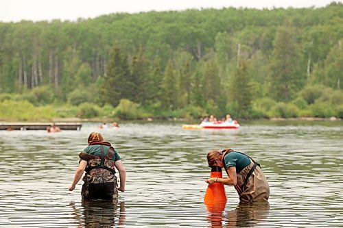 19072024
Parks Canada employees conduct visual inspections for signs of zebra mussels near the Clear Lake boat cove in Riding Mountain National Park on Friday. Parks Canada announced Friday that they had found evidence of localized zebra mussel infiltration at the boat cove.
(Tim Smith/The Brandon Sun)
