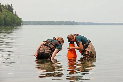 19072024
Parks Canada employees conduct visual inspections for signs of zebra mussels near the Clear Lake boat cove in Riding Mountain National Park on Friday. Parks Canada announced Friday that they had found evidence of localized zebra mussel infiltration at the boat cove.
(Tim Smith/The Brandon Sun)
