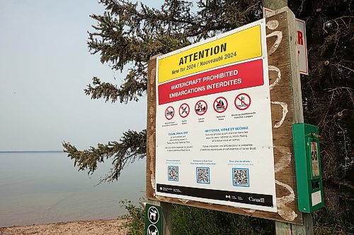 19072024
A sign reminds visitors to the Clear Lake boat cove in Riding Mountain National Park that watercraft is prohibited for the 2024 boating season. Parks Canada announced Friday that they had found evidence of localized zebra mussel infiltration at the boat cove. 
(Tim Smith/The Brandon Sun)
