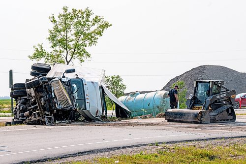 NIC ADAM / FREE PRESS
The aftermath of a collision between a car and tractor trailer at the intersection of hwy 75 and hwy 210 Friday afternoon. The Semi truck driver walked away with bruises while the other driver was rushed to hospital.
240719 - Friday, July 19, 2024.

Reporter: ?