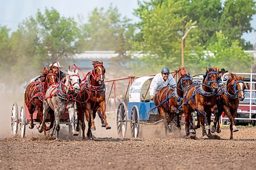 NIC ADAM / FREE PRESS
Reed Rosencrans (left) and Paul Neufled race in the seventh pony chuckwagon heat at the Manitoba Stampede &amp; Exhibition Friday afternoon.
240719 - Friday, July 19, 2024.

Reporter: Jura