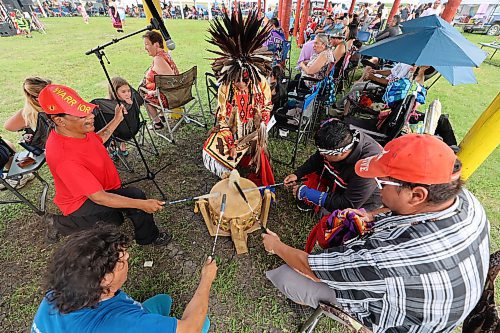 Drummers perform a song during Rolling River First Nation's powwow on Saturday. The event celebrated the 150th anniversary of the signing of Treaty 4. (Photos by Colin Slark/The Brandon Sun)