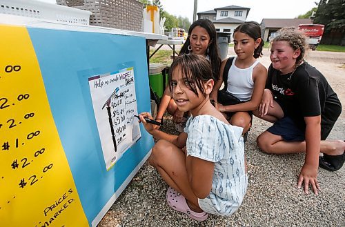 JOHN WOODS / FREE PRESS
Giulia, from left, Bevy, Camila, and Hannah write in their total of $200 at their Lemonade Stand For Hope in support of CancerCare outside their Charleswood home Sunday, July 21, 2024. 

Reporter: