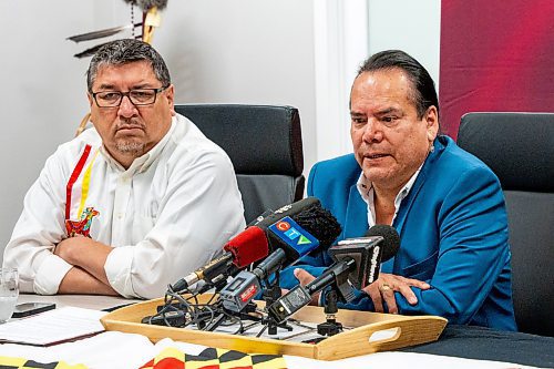 NIC ADAM / FREE PRESS
Grand Chief Garisson Settee of Manitoba Keewatinowi Okimakanak Inc., or MKO, speaks at a press conference about Nisichawayasihk Cree Nation&#x2019;s Nursing Shortage that forced a Health Care State of Emergency to be Called at the MKO Office Monday morning.
240722 - Monday, July 22, 2024.

Reporter: Jordan