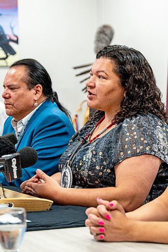 NIC ADAM / FREE PRESS
Chief Angela Levasseur of Nisichawayasihk Cree Nation speaks at a press conference about Nisichawayasihk Cree Nation&#x2019;s Nursing Shortage that forced a Health Care State of Emergency to be Called at the MKO Office Monday morning.
240722 - Monday, July 22, 2024.

Reporter: Jordan