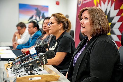 NIC ADAM / FREE PRESS
Exec. Director Nisichawayasihk Cree Nation Personal Care Home, Jessie Horodecki, speaks at a press conference about Nisichawayasihk Cree Nation&#x2019;s Nursing Shortage that forced a Health Care State of Emergency to be Called at the MKO Office Monday morning.
240722 - Monday, July 22, 2024.

Reporter: Jordan