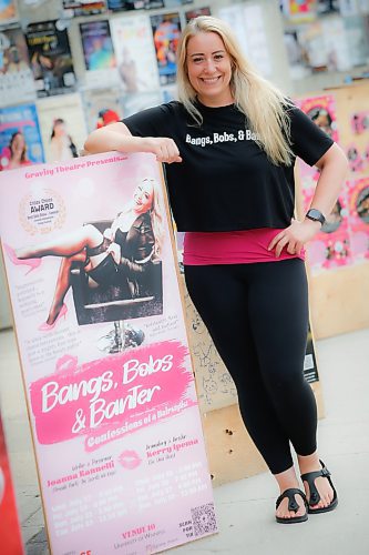 JOHN WOODS / FREE PRESS
Joanna Rannelli, writer and performer of the Fringe play Bangs, Bobs, &amp; Banter - Confessions Of A Hairstylist, is photographed with Fringe posters on Market St Winnipeg Monday, July 22, 2024. 

Reporter: ben