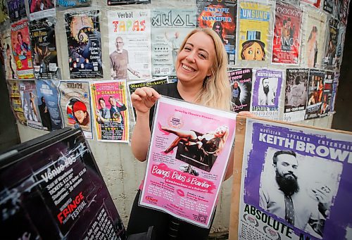 JOHN WOODS / FREE PRESS
Joanna Rannelli, writer and performer of the Fringe play Bangs, Bobs, &amp; Banter - Confessions Of A Hairstylist, is photographed with Fringe posters on Market St Winnipeg Monday, July 22, 2024. 

Reporter: ben