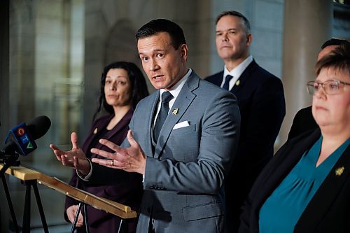 MIKE DEAL / WINNIPEG FREE PRESS
Flanked by NDP MLA&#x2019;s, (from left) Nellie Kennedy (Assiniboia), Robert Loiselle (St. Boniface), Logan Oxenham (Kirkfield Park), and Billie Cross (Seine River), Manitoba NDP Caucus Chair Mike Moyes (Riel) announces that he has filed two formal complaints with the Manitoba Ethics Commissioner. Moyes is calling on the Commissioner to investigate PC Leader Heather Stefanson and PC MLA Jeff Wharton for their attempts to violate the caretaker convention and push through a major mining project in the days following their 2023 election loss. 
240112 - Friday, January 12, 2024.