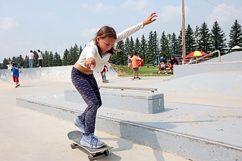 Lily Breanne of Sioux Valley Dakota Nation tries skateboarding at the SVDN skatepark on Tuesday during a skateboarding demo put on by Brandon’s Recovery Skateshop as part of the first day of the inaugural Dakota FACTS Camp. The camp is aimed primarily at Dakota youth between the ages of 13-18 and consists of a variety of events, teachings, entertainment and sports around the themes of food, agriculture, climate change, tradition and synergies (FACTS). The camp runs until Thursday. (Tim Smith/The Brandon Sun)
