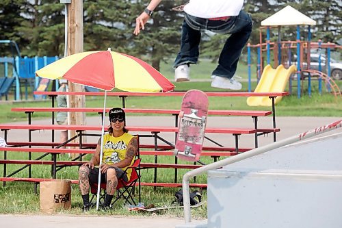 23072024
Lukas Trout of Brandon ollies down a set of stairs at the Sioux Valley Dakota Nation skatepark on Tuesday during a skateboarding demo put on by Recovery Skateshop as part of the first day of the inaugural Dakota FACTS Camp. The camp is aimed primarily at Dakota youth between the ages of 13-18 and consists of a variety of events, teachings, entertainment and sports around the themes of Food, Agriculture, Climate Change, Tradition and Synergies (FACTS). The camp runs until Thursday.  (Tim Smith/The Brandon Sun)
