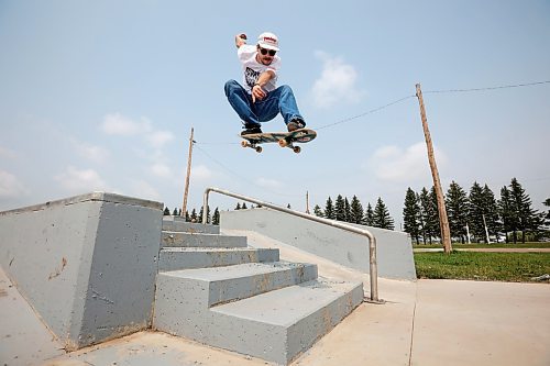 23072024
Lukas Trout of Brandon ollies down a set of stairs at the Sioux Valley Dakota Nation skatepark on Tuesday during a skateboarding demo put on by Recovery Skateshop as part of the first day of the inaugural Dakota FACTS Camp. The camp is aimed primarily at Dakota youth between the ages of 13-18 and consists of a variety of events, teachings, entertainment and sports around the themes of Food, Agriculture, Climate Change, Tradition and Synergies (FACTS). The camp runs until Thursday.  (Tim Smith/The Brandon Sun)
