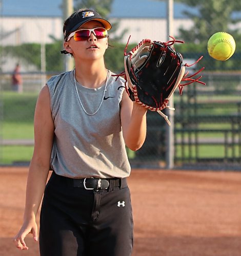 Joee McKay, 13, pitches and plays first and third base for the under-13 Brandon Heat, which hosts AA provincials this weekend. She's looking forward to being able to play in Brandon at the Ashley Neufeld Softball Complex.(Perry Bergson/The Brandon Sun)
 