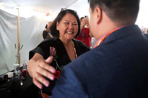 Assembly of Manitoba Chiefs Grand Chief Cathy Merrick celebrates after winning re-election to a second term as grand chief at the AMC's 36th annual general assembly on Waywayseecappo First Nation Lands bordering Highway 10 just north of Brandon on Wednesday. (Tim Smith/The Brandon Sun)