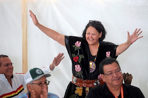 24072024
Assembly of Manitoba Chiefs Grand Chief Cathy Merrick celebrates after winning re-election to a second term as Grand Chief at the AMC 36th Annual General Assembly on Waywayseecappo First Nation Lands bordering Highway 10 just north of Brandon on Wednesday. (Tim Smith/The Brandon Sun)