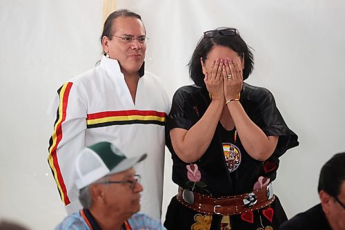 24072024
Assembly of Manitoba Chiefs Grand Chief Cathy Merrick celebrates after winning re-election to a second term as Grand Chief at the AMC 36th Annual General Assembly on Waywayseecappo First Nation Lands bordering Highway 10 just north of Brandon on Wednesday. (Tim Smith/The Brandon Sun)