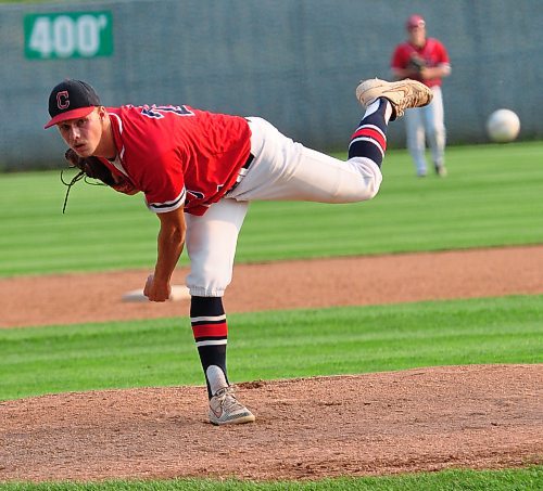 Westman Fire Protection Cubs starting pitcher Mitchell Battersby left the game at Andrews Field after pitching five innings, with the game tied 3-3 facing the GW Vacuum Truck Service Young Guns Wednesday night in Game 1 of their best-of-three semifinal series. (Jules Xavier/The Brandon Sun)