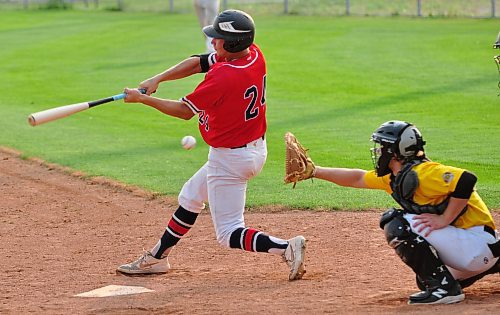 Westman Fire Protection Cubs starting hurler Mitchell Battersby not only pitched five solid innings, he also helped himself Wednesday night at the plate with his bat. While he whiffed on this pitch, the net ball he drilled up the first base line, and slid into the first safely when the second and first baseman for the GW Vacuum Truck Service Young Guns got their signals crossed and no one was at the bag to cover. (Jules Xavier/The Brandon Sun)