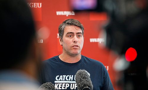 JOHN WOODS / WINNIPEG FREE PRESS
MGEU president Kyle Ross speaks to media about the outcome of two union votes at the union centre in Winnipeg Sunday, August  27, 2023. MBLL ratified their contract and will be returning tomorrow and the MPI workers voted to strike and will be walking the line tomorrow.

Reporter: macintosh