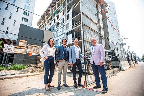 MIKAELA MACKENZIE / FREE PRESS

Sarah Anderson, director of talent management (left), Dan Bockstael, co-president, Nick Bockstael, co-president, and Carmine Militano, CEO, at a Bockstael Construction site at 308 Colony on Friday, July 19, 2024. 

For &#x460;story.