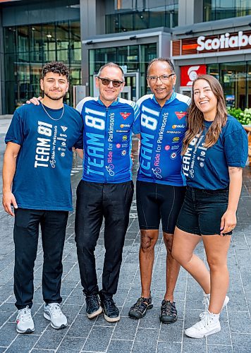 NIC ADAM / FREE PRESS
True North Sports senior vice president Kevin Donnelly (centre left) and U-Turn Parkinson's Founder Tim Hague (centre right) pictured alongside their children Chris Donnelley (left) and Jordanna Hague, who will be getting married in September 2025, at True North Square Thursday morning.
240725 - Thursday, July 25, 2024.

Reporter: Sabrina