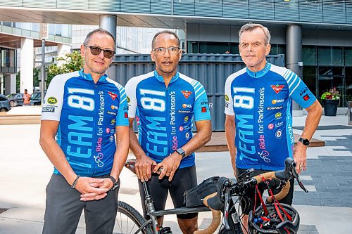 NIC ADAM / FREE PRESS
True North Sports senior vice president Kevin Donnelly, U-Turn Parkinson's Founder Tim Hague, and Blair Sigurdson (from left), who was diagnosed 13 years ago, pictured at True North Square Thursday morning.
240725 - Thursday, July 25, 2024.

Reporter: Sabrina