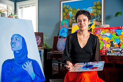 NIC ADAM / FREE PRESS
Black Artists Winnipeg&#x2019;s Olivia Cassie pictured in her home studio Thursday. Cassie is organizing the Black Garden event at Winnipeg Art Gallery Qaumajuq where her work, as well as others, will be on display.
240725 - Thursday, July 25, 2024.

Reporter: Thandi