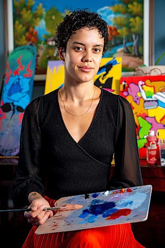 NIC ADAM / FREE PRESS
Black Artists Winnipeg&#x2019;s Olivia Cassie pictured in her home studio Thursday. Cassie is organizing the Black Garden event at Winnipeg Art Gallery Qaumajuq where her work, as well as others, will be on display.
240725 - Thursday, July 25, 2024.

Reporter: Thandi