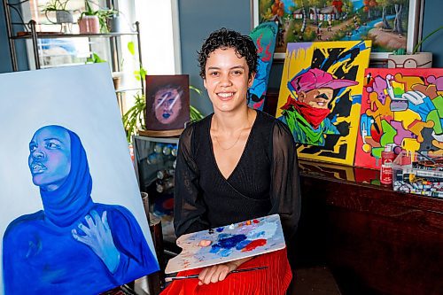 NIC ADAM / FREE PRESS
Black Artists Winnipeg&#x2019;s Olivia Cassie pictured in her home studio Thursday. Cassie is organizing the Black Garden event at Winnipeg Art Gallery Qaumajuq where her work, as well as others, will be on display.
240725 - Thursday, July 25, 2024.

Reporter: Thandi