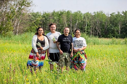 MIKAELA MACKENZIE / FREE PRESS

Kay Lagimodiere (left, 21), Caiden Troupp (15), Cory Troupp, and Dana Connolly at Assiniboine Forest on Thursday, July 25, 2024. The family is behind Mashkiki Garden Creations, which sells natural beauty and wellness products infused with Manitoba prairie plants.

For AV story.