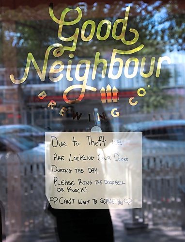 Ruth Bonneville / Free Press

Local - Good Neighbour theft

Outside photo  of Good Neighbour Brewing Company on Sherbrook Street.  They have a sign on their door asking customers to ring doorbell to enter due to theft.  

See story. 

July 25th,  2024

