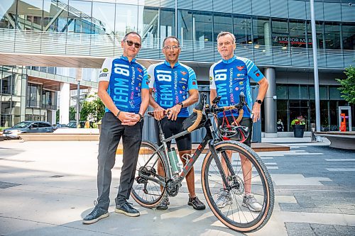 NIC ADAM / FREE PRESS
True North Sports senior vice president Kevin Donnelly, U-Turn Parkinson's Founder Tim Hague, and Blair Sigurdson (from left), who was diagnosed 13 years ago, pictured at True North Square Thursday morning.
240725 - Thursday, July 25, 2024.

Reporter: Sabrina