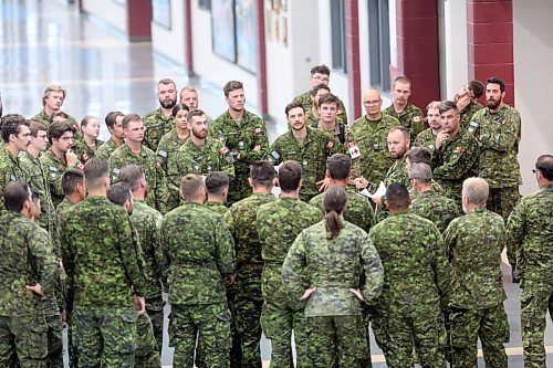 Sgt. Major Tuepah of the 2nd Battalion Princess Patricia's Canadian Light Infantry takes roll call in the middle of a company of about 75 troops in the 2PPCLI building at CFB Shilo on Friday morning. The company was deployed to Alberta on Friday morning to help battle the ongoing wildfire situation that has already destroyed nearly half of the community of Jasper earlier this week. (Matt Goerzen/The Brandon Sun)