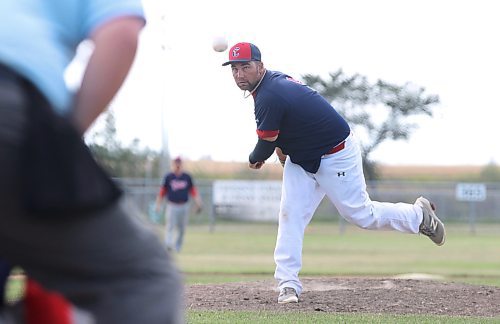 Ageless wonder Anthony Friesen, shown pitching for the Cartwright Twins at the 2022 senior AA provincials, tied for the lead in victories for the Pilot Mound Pilots this season. Pilot Mound has a 2-0 series lead over Clearwater in the West Division's best-of-five semifinals. (Perry Bergson/The Brandon Sun)