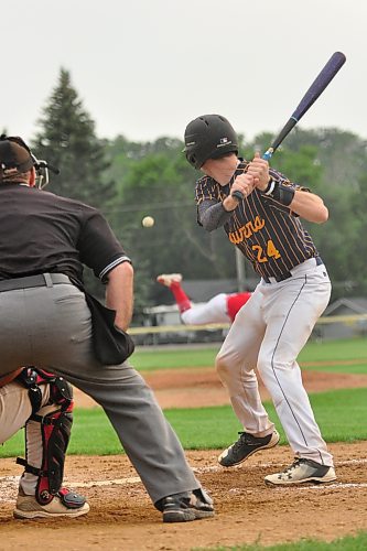 Wawanesa Brewers catcher Avery Cullen waits to the pitch from Boissevain Centennials pitcher Jay Pringle during second inning action Friday night in Wawanesa. The Centennials are up 1-0 in the South West Baseball League playoff series, winning Game 1 Thursday night 8-0. (Jules Xavier/The Brandon Sun)