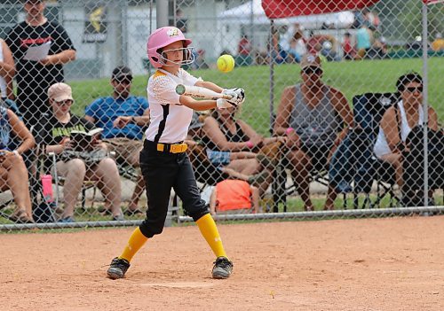 Under-11 Westman Heat White batter Brynn Keller gets the bat on the ball for a single against the Bonivital Bolts during the opening day of Softball Manitoba's U11 AA provincials at Ashley Neufeld Softball Complex on Friday. Westman won 8-0. (Perry Bergson/The Brandon Sun)
July 26, 2024