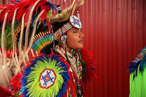 Dancers line up to enter the arbour to take part in the Grand Entry on the opening night of the Sioux Valley Dakota Nation Pow Wow on Friday evening. The annual powwow runs until Sunday and attracts dancers and other visitors from across North America. (Tim Smith/The Brandon Sun)