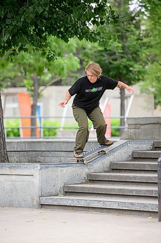 Mike Sudoma/Free Press
Morgan McLachlan gets a grind down the 6 stair in the Friday afternoon heat at the Forks Plaza Skatepark 
July 26, 2024
