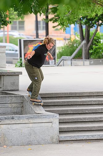 Mike Sudoma/Free Press
Morgan McLachlan gets a grind down the 6 stair in the Friday afternoon heat at the Forks Plaza Skatepark 
July 26, 2024
