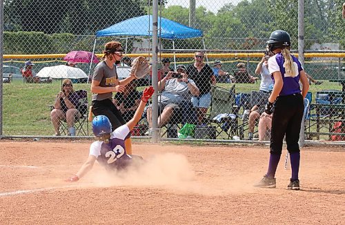 Central Charge-Smith base runner Madelyn Nikkel of Morden scores the winning run from third base on a wild pitch in the bottom of the sixth inning as her club earned a 16-15 decision over Parkland Power in Softball Manitoba's under-13 AA provincial final at Ashley Neufeld Softball Complex on Sunday afternoon. (Perry Bergson/The Brandon Sun)
July 29, 2024