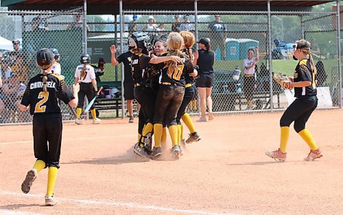 Southwest Storm players celebrate their 7-7 victory over Westman Heat White in Softball Manitoba's under-11 AA provincial final at Ashley Neufeld Softball Complex on Sunday afternoon. (Perry Bergson/The Brandon Sun)
July 29, 2024