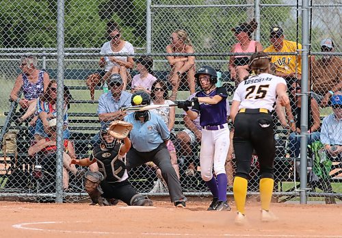 Central Charge batter Cali Hillier (44) puts the bat on the ball for a single as Westman Fury pitcher Olivia Koscielny, catcher Rose Cochrane and umpire Akayla Veysey during Softball Manitoba's under-15 AA provincial final at Ashley Neufeld Softball Complex on Sunday afternoon. (Perry Bergson/The Brandon Sun)
July 29, 2024