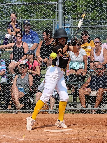 Westman Storm batter Callie Stuart gets plunked by the ball as her team met the Westman Heat in the bronze-medal game at Softball Manitoba's under-15 AA provincials at Ashley Neufeld Softball Complex on Sunday afternoon. (Perry Bergson/The Brandon Sun)
July 29, 2024