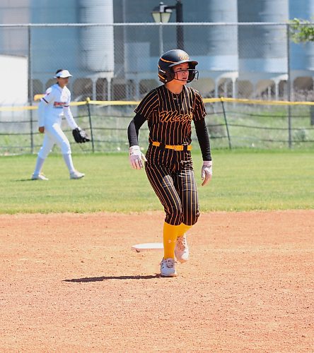 Lily Wells of the Westman Magic, shown during a game earlier this season, had two of her team's six hits and scored twice in a loss to the Interlake Phillies on Friday at Softball Manitoba's U13 AAA provincial championship in Stonewall. (Perry Bergson/The Brandon Sun)