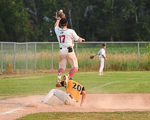 Mike Sudoma/Free Press
Bonivitals Braeden Smith slides into third plate as Oildomes Aidan McCoy jumps over him to catch a pass during the AAA Baseball Manitoba Provincial Championships Sunday evening at Charleswood Place field
July 28, 2024
